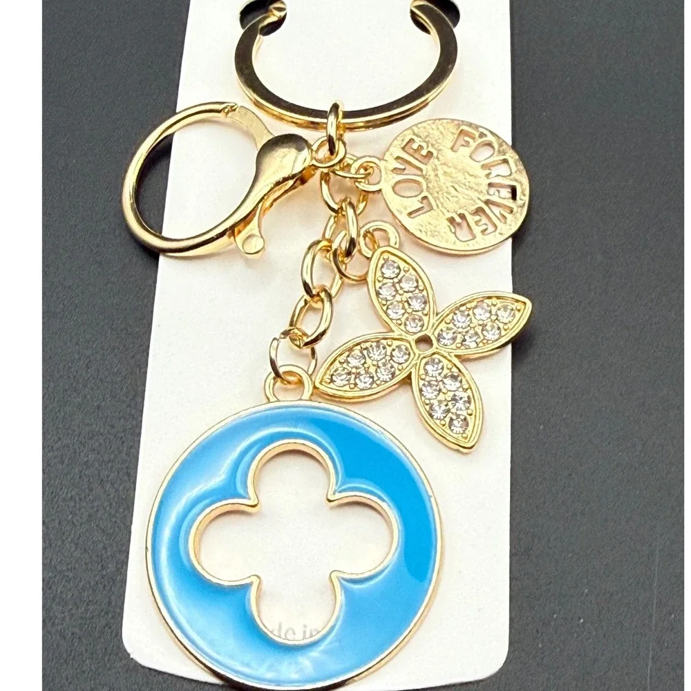 Gold Tone Keychain Blue Clover Charm‎ Love Forever Pendant Fashion Jewelry